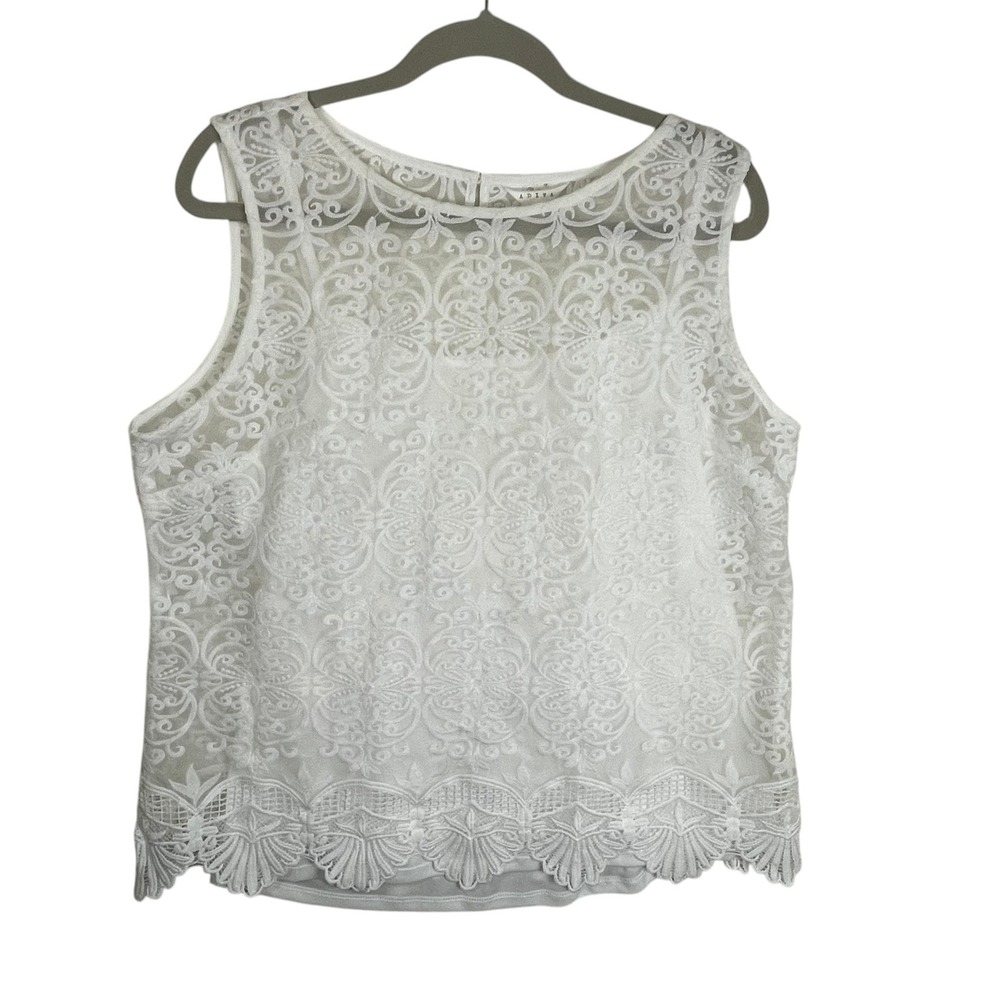 ADIVA Size‎ Extra Large White Lace Embroidered Sleeveless Scalloped Hem Blouse